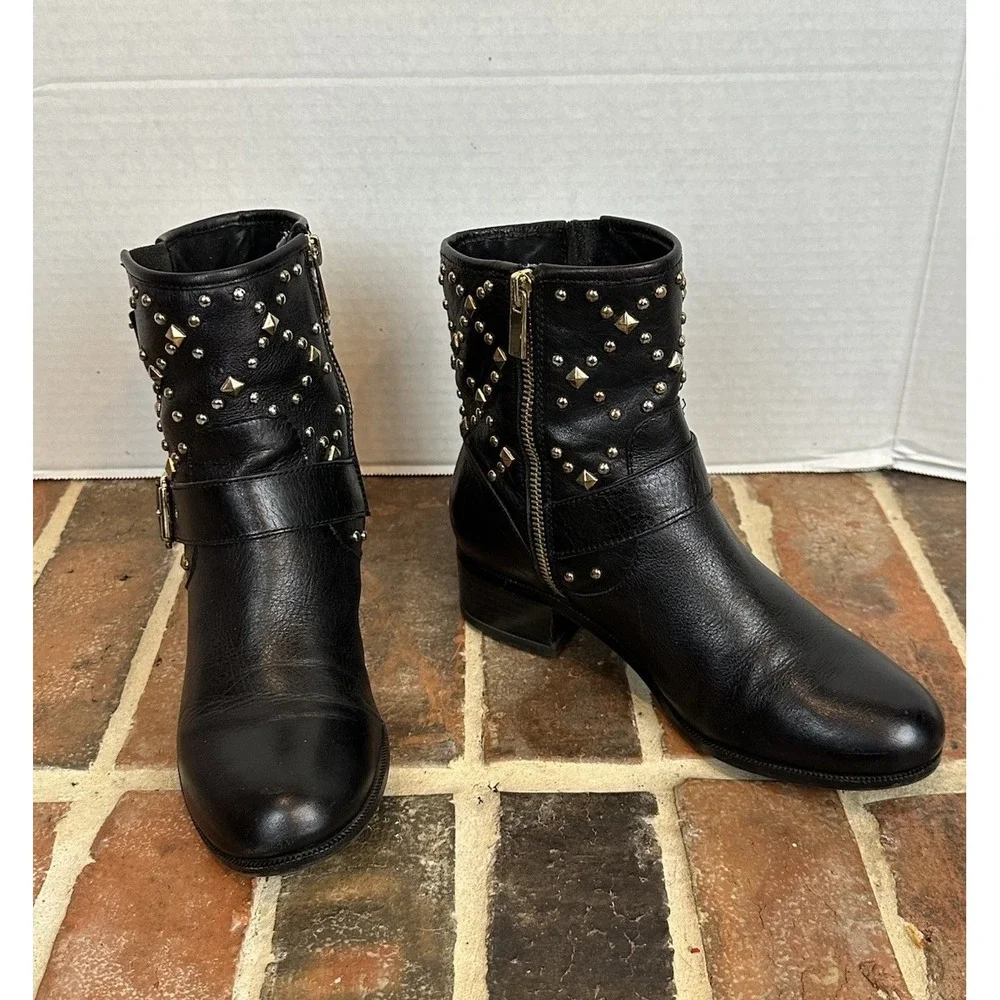 INC INTERNATIONAL CONCEPTS Black Leather And Gold Studded‎ Ankle Boots 6.5